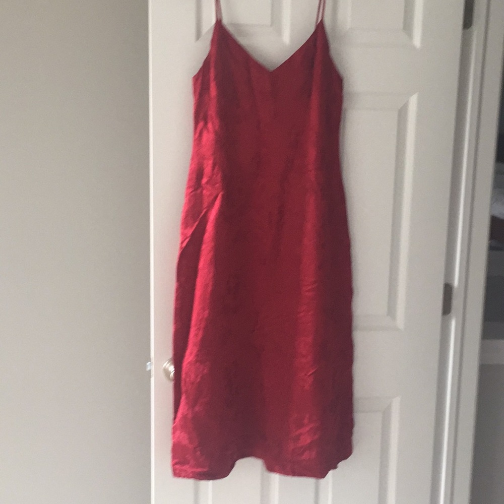 Red lined dress, v neck, spaghetti straps.